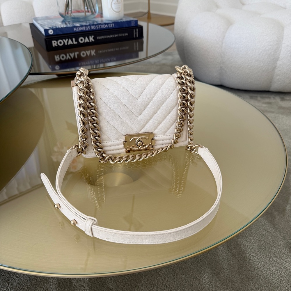 Chanel Small White Caviar Chevron Boy Bag